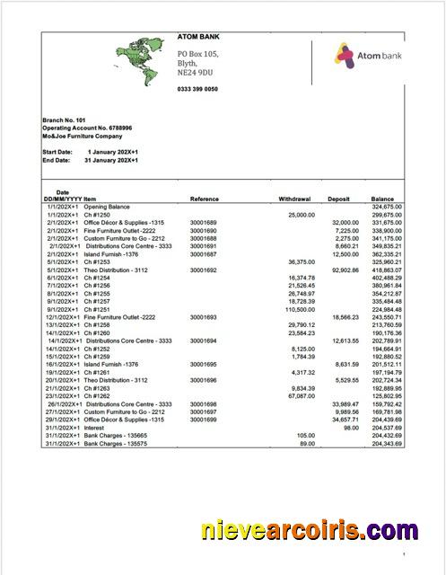 UK Atom Bank account statement Word and PDF